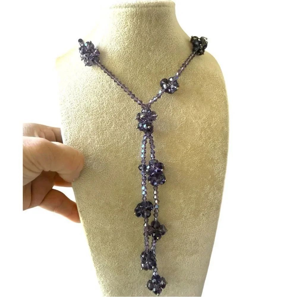 Vintage Purple Crystal Y-Necklace with Beaded Flowers